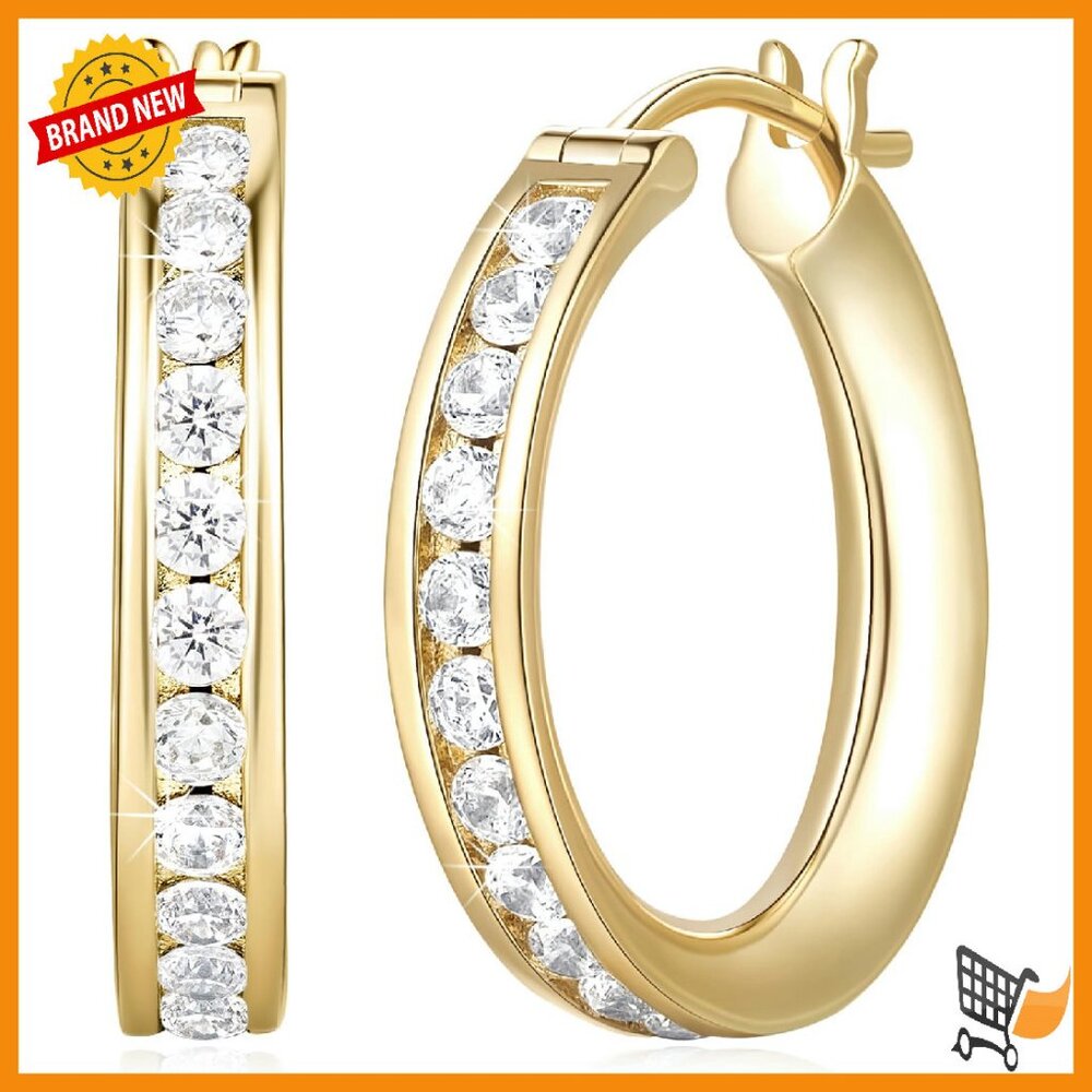 14k Gold Plated Hoop Earrings With Cubic Zirconia 20mm